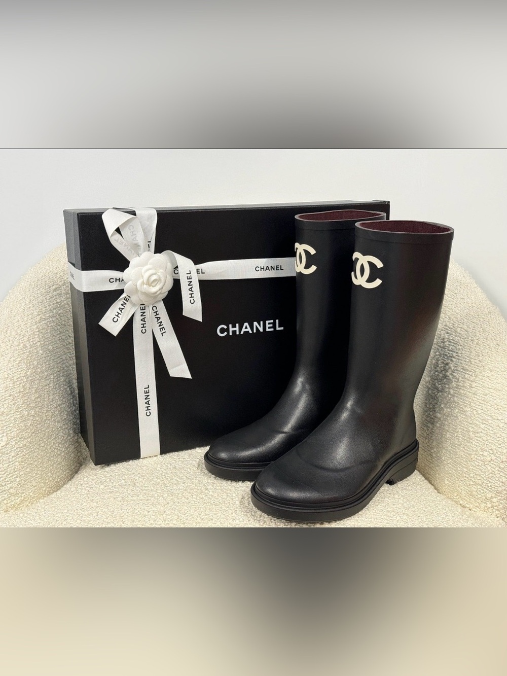CHANEL Black Mid-Calf Logo Rain Boots